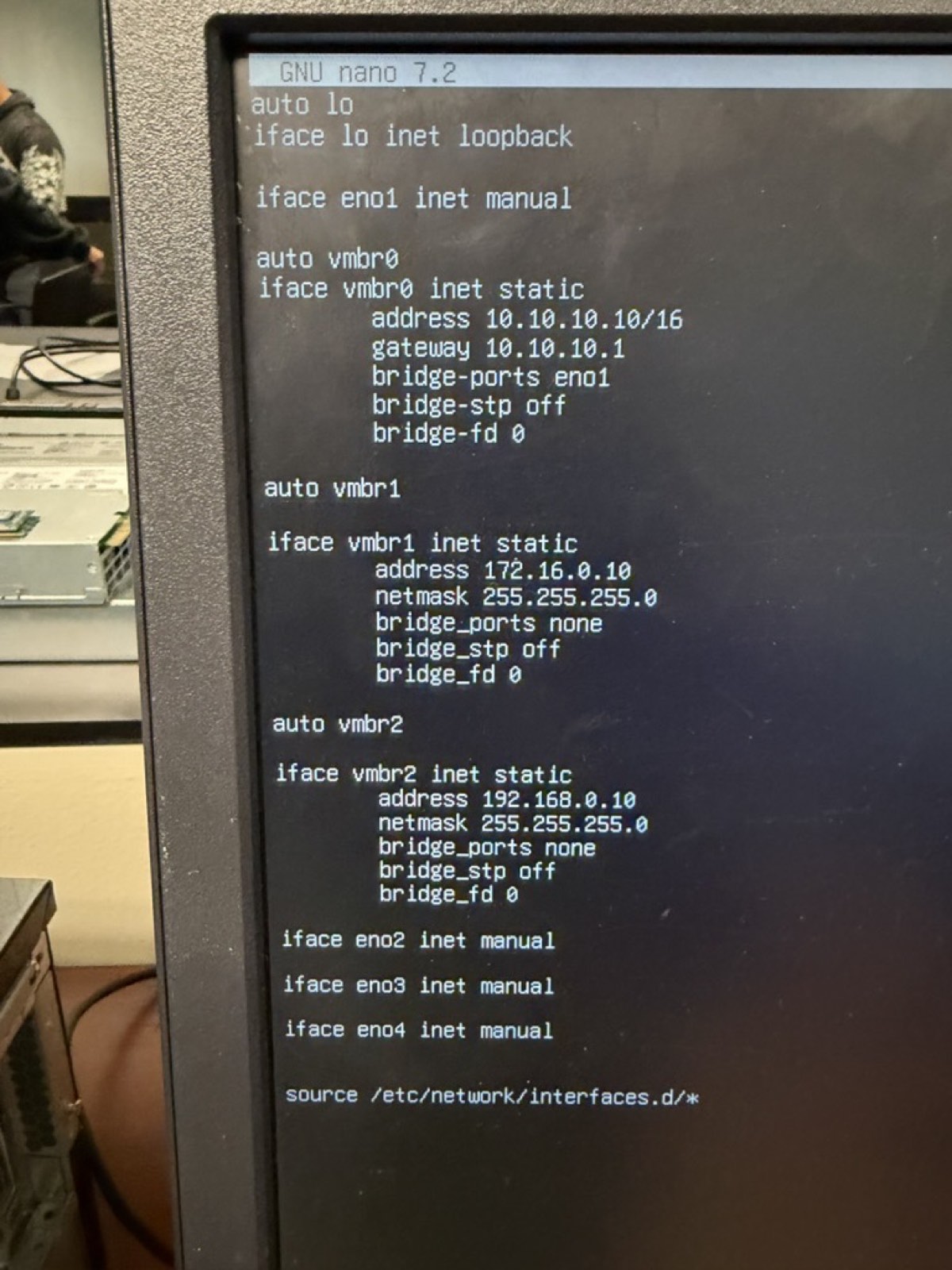 /etc/network/interfaces with typo fixed, all three bridges valid