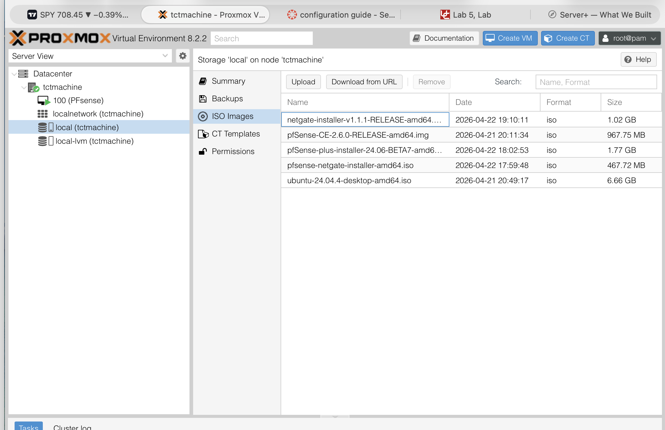 Proxmox local storage ISO Images tab showing uploaded installer files