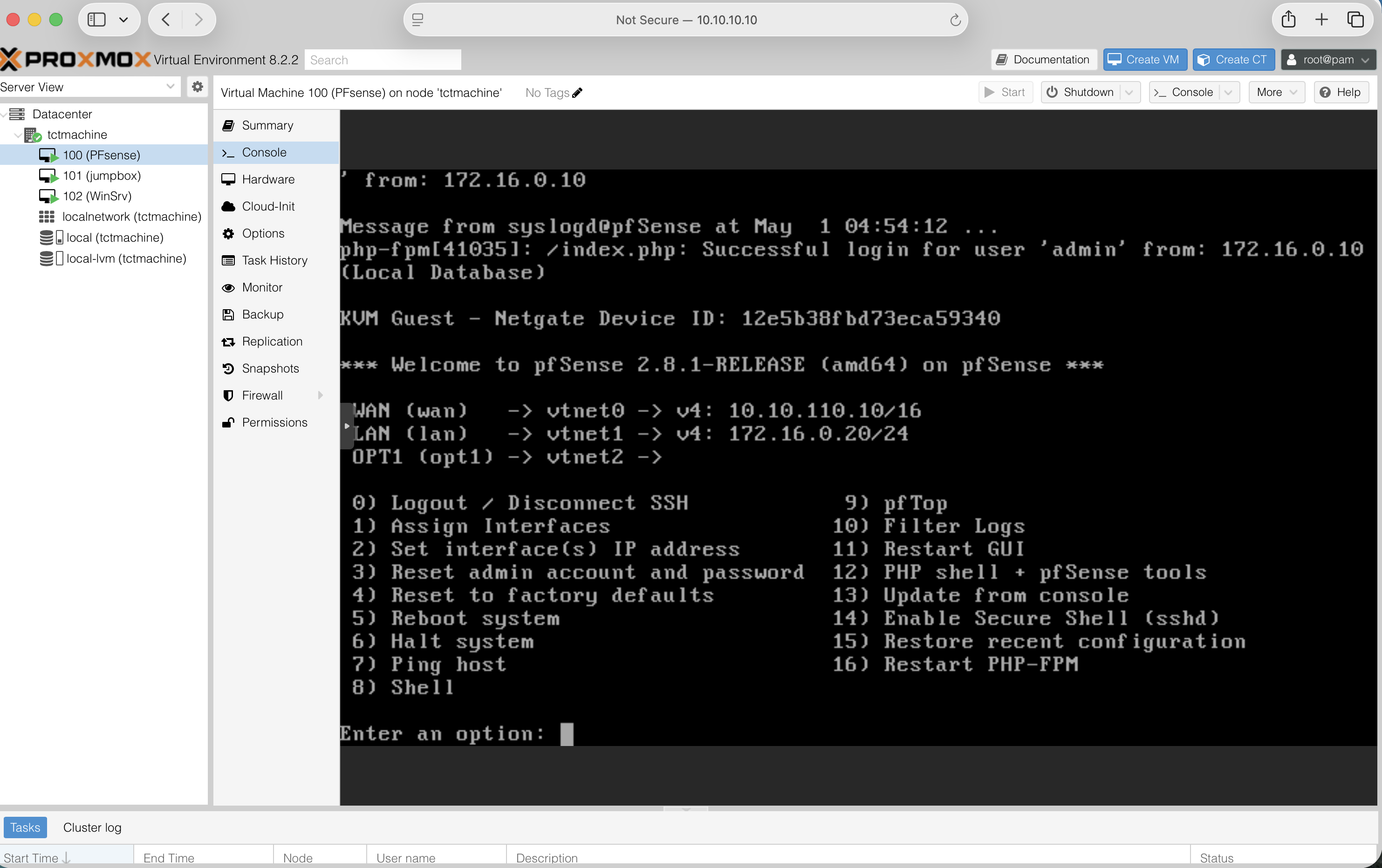 pfSense 2.8.1 console banner inside Proxmox showing WAN vtnet0 10.10.110.10/16, LAN vtnet1 172.16.0.20/24, OPT1 vtnet2, and a successful admin login from 172.16.0.10