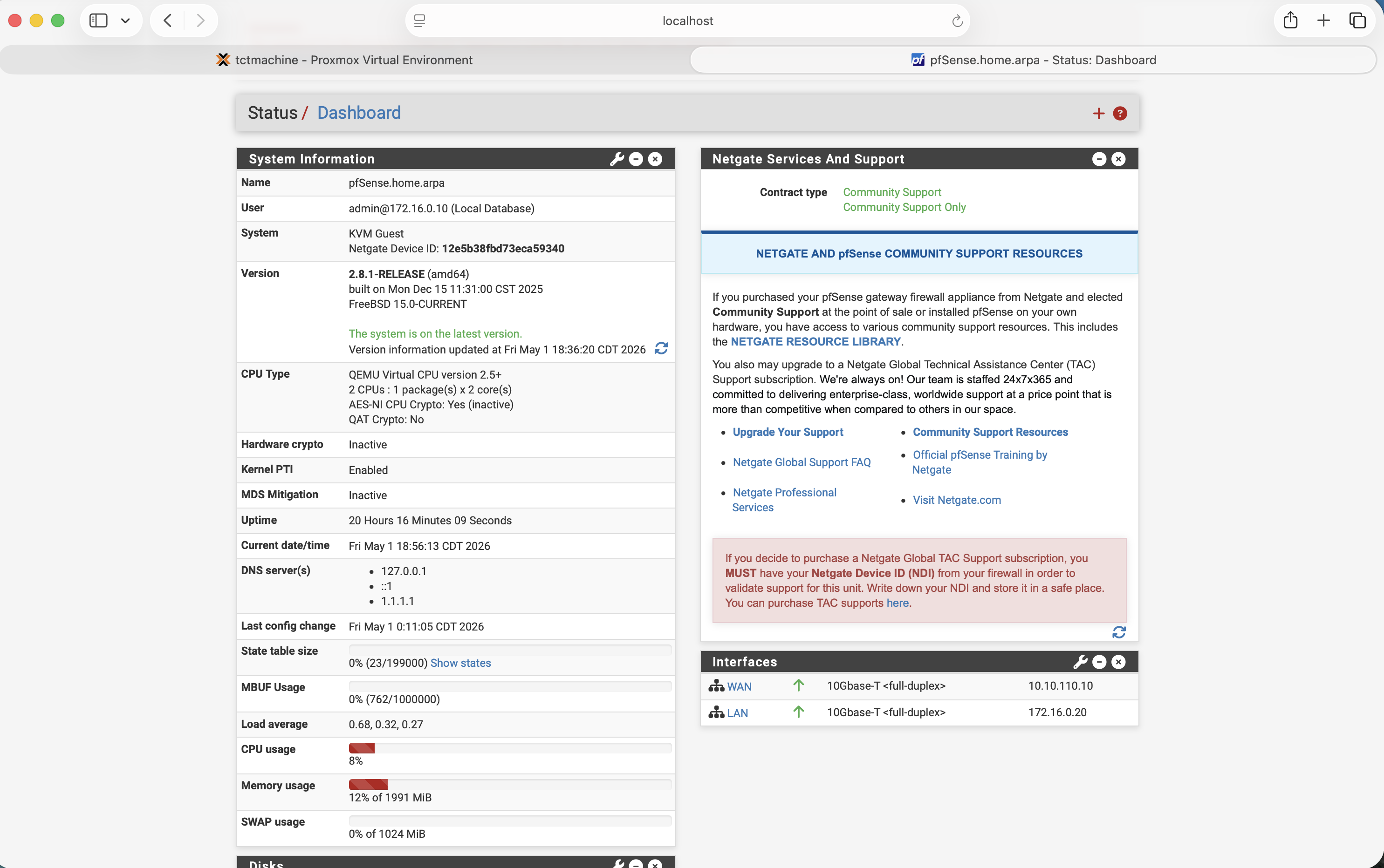 pfSense web UI Status/Dashboard showing hostname pfSense.home.arpa, admin login from 172.16.0.10, version 2.8.1-RELEASE amd64 built Dec 15 2025 on FreeBSD 15.0-CURRENT, KVM Guest, Netgate Device ID 12e5b38fbd73eca59340, uptime 20 hours 16 minutes, CPU 8 percent, memory 12 percent of 1991 MiB, DNS servers 127.0.0.1 and 1.1.1.1, and the Interfaces panel with WAN 10.10.110.10 and LAN 172.16.0.20 both link-up at 10Gbase-T full-duplex