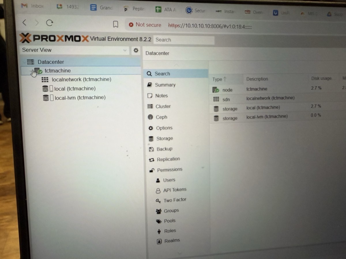 Proxmox VE 8.2.2 web UI showing tctmachine node